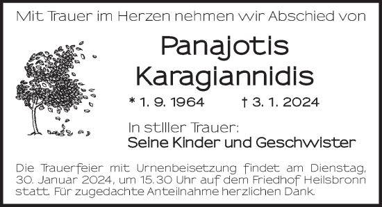 Traueranzeige von Panajotis Karagiannidis von Ansbach