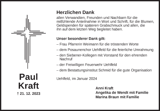 Traueranzeige von Paul Kraft von Neustadt/ Scheinfeld/ Uffenheim