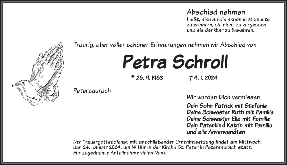  Traueranzeige für Petra Schroll vom 20.01.2024 aus Ansbach