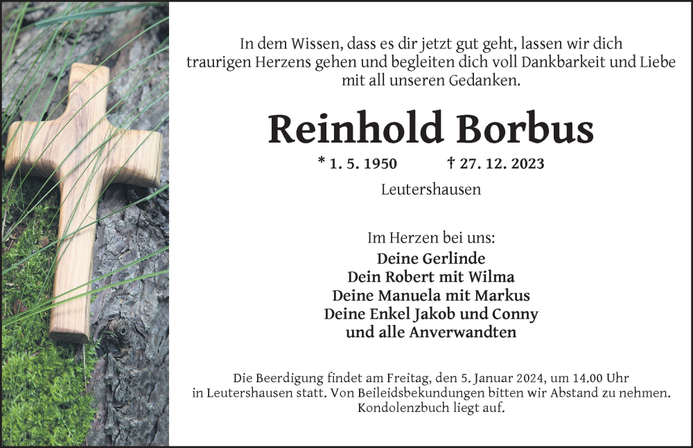  Traueranzeige für Reinhold Borbus vom 02.01.2024 aus Ansbach