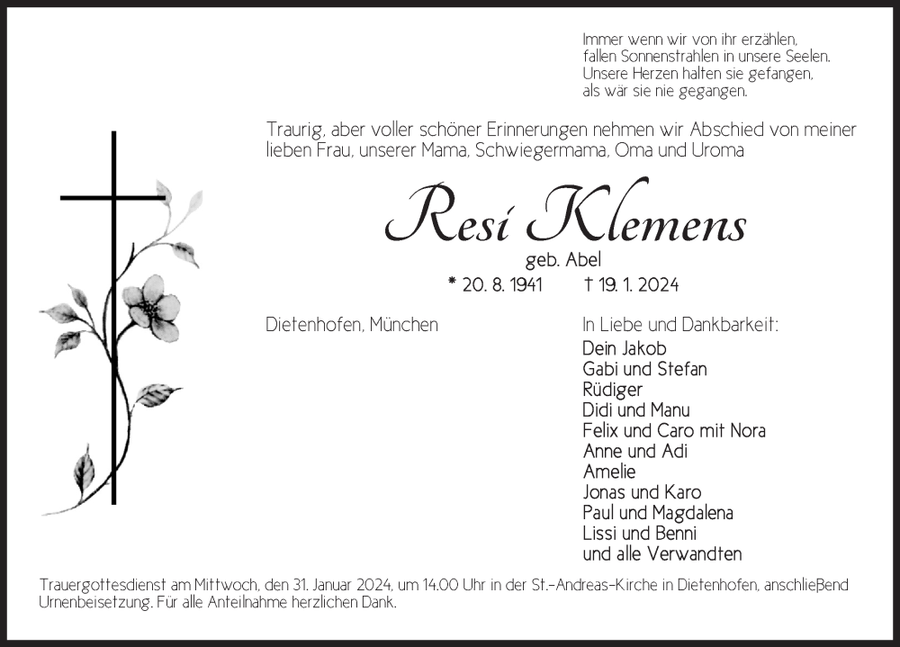  Traueranzeige für Resi Klemens vom 26.01.2024 aus Ansbach