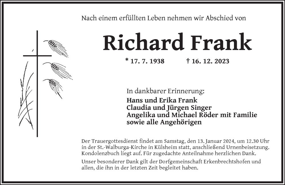  Traueranzeige für Richard Frank vom 11.01.2024 aus Neustadt/ Scheinfeld/ Uffenheim