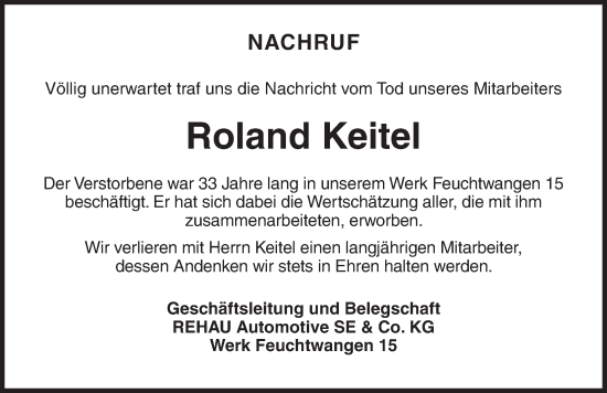 Traueranzeige von Roland Keitel von Dinkelsbühl/ Feuchtwangen