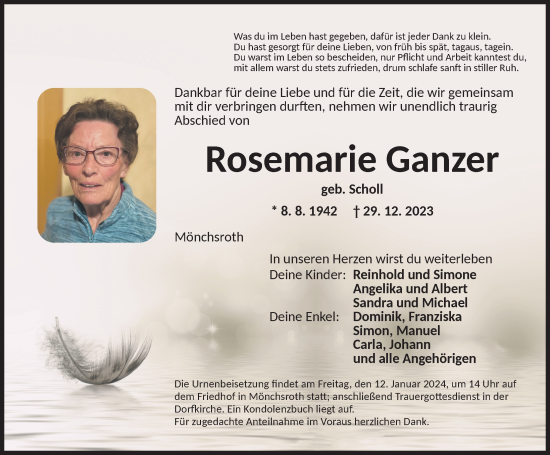 Traueranzeige von Rosemarie Ganzer von Dinkelsbühl/ Feuchtwangen