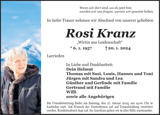 Traueranzeige von Rosi Kranz von Dinkelsbühl/ Feuchtwangen