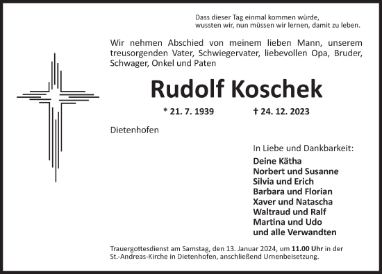 Traueranzeige von Rudolf Koschek von Ansbach