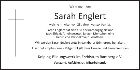 Traueranzeige von Sarah Englert von Neustadt/ Scheinfeld/ Uffenheim