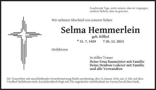 Traueranzeige von Selma Hemmerlein von Ansbach