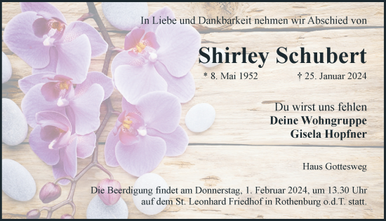 Traueranzeige von Shirley Schubert von Rothenburg