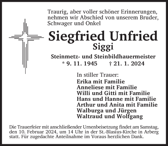 Traueranzeige von Siegfried Unfried von Ansbach