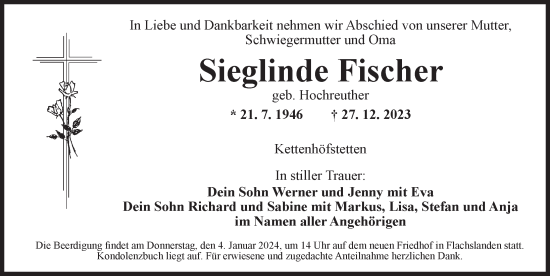 Traueranzeige von Sieglinde Fischer von Ansbach