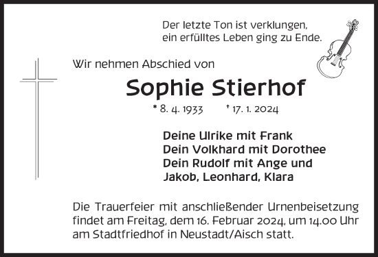 Traueranzeige von Sophie Stierhof von Neustadt/ Scheinfeld/ Uffenheim