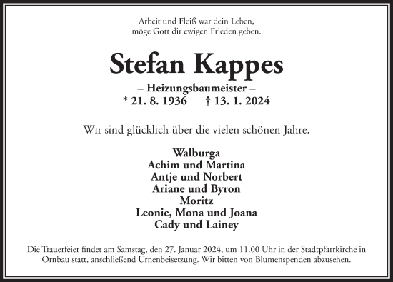 Traueranzeige von Stefan Kappes von Ansbach