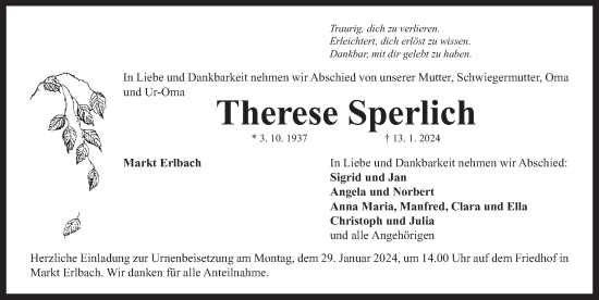 Traueranzeige von Therese Sperlich von Neustadt/ Scheinfeld/ Uffenheim