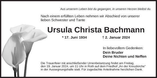 Traueranzeige von Ursula Christa Bachmann von Ansbach