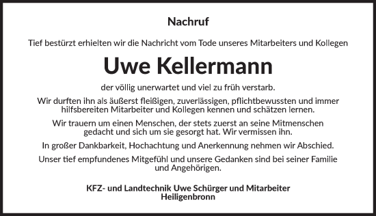 Traueranzeige von Uwe Kellermann von Rothenburg