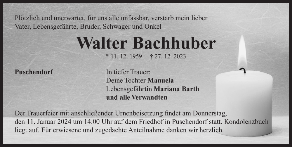  Traueranzeige für Walter Bachhuber vom 05.01.2024 aus Neustadt/ Scheinfeld/ Uffenheim