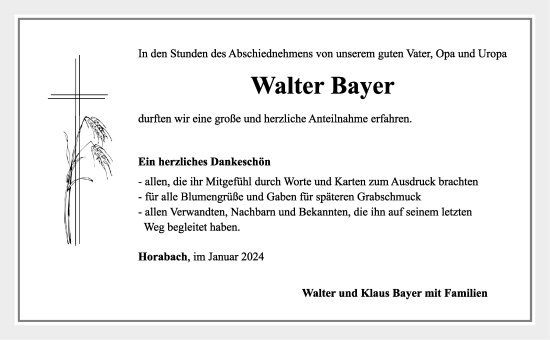 Traueranzeige von Walter Bayer von Rothenburg