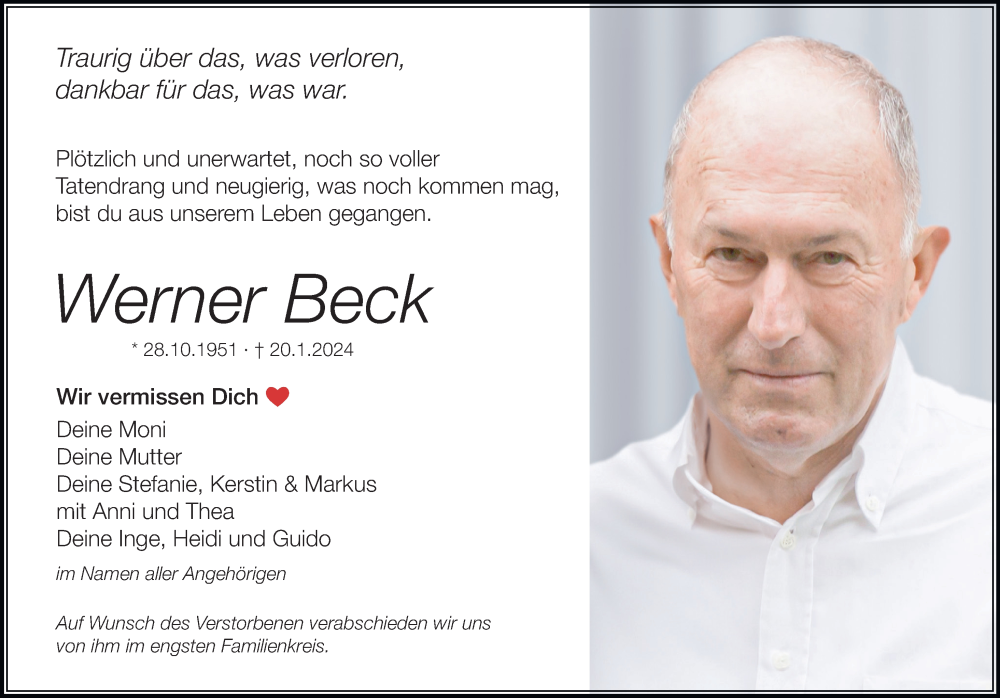  Traueranzeige für Werner Beck vom 24.01.2024 aus Neustadt/ Scheinfeld/ Uffenheim