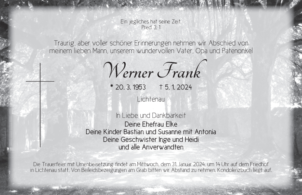  Traueranzeige für Werner Frank vom 27.01.2024 aus Ansbach