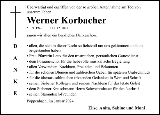 Traueranzeige von Werner Korbacher von Ansbach