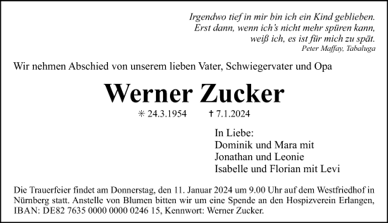 Traueranzeige von Werner Zucker von Ansbach