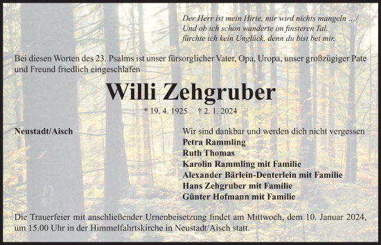 Traueranzeige von Willi Zehgruber von Neustadt/ Scheinfeld/ Uffenheim