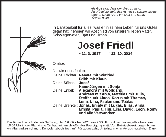 Traueranzeige von Josef Friedl von Ansbach