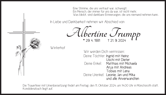 Traueranzeige von Albertine Trumpp von Dinkelsbühl/ Feuchtwangen