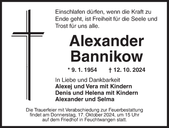 Traueranzeige von Alexander Bannikow von Dinkelsbühl/ Feuchtwangen