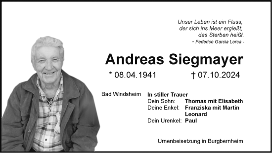 Traueranzeige von Andreas Siegmayer von Neustadt/ Scheinfeld/ Uffenheim