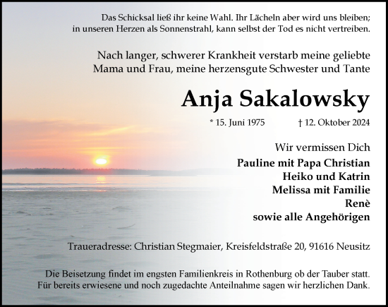 Traueranzeige von Anja Sakalowsky von Rothenburg