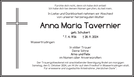 Traueranzeige von Anna Maria Tavernier