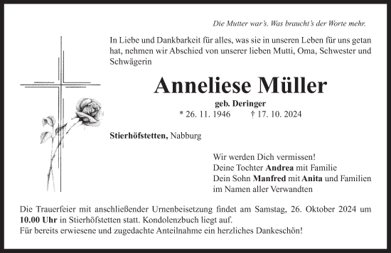 Traueranzeige von Anneliese Müller von Neustadt/ Scheinfeld/ Uffenheim