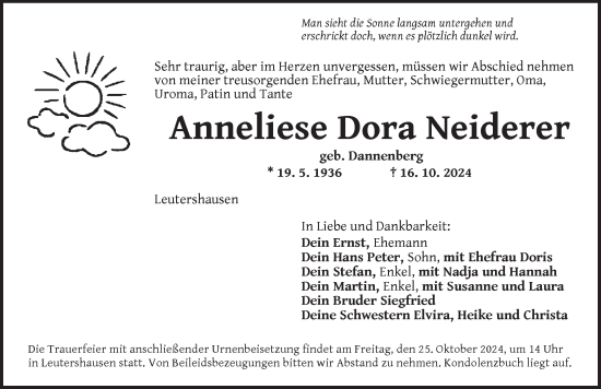 Traueranzeige von Anneliese Dora Neiderer von Ansbach