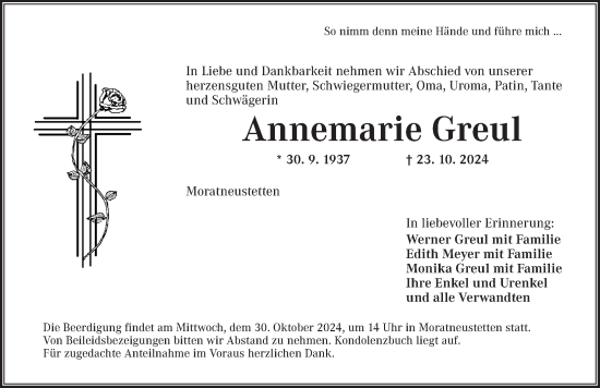 Traueranzeige von Annemarie Greul von Ansbach