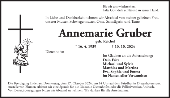 Traueranzeige von Annemarie Gruber von Ansbach