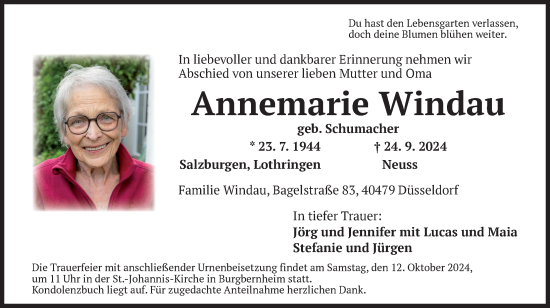 Traueranzeige von Annemarie Windau von Neustadt/ Scheinfeld/ Uffenheim