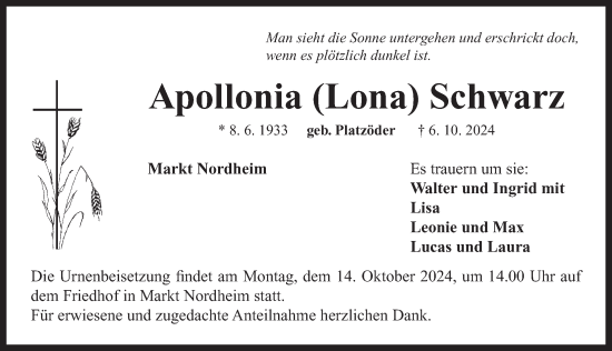 Traueranzeige von Apollonia Schwarz von Neustadt/ Scheinfeld/ Uffenheim