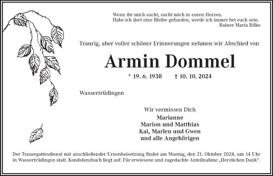 Traueranzeige von Armin Dommel von Dinkelsbühl/ Feuchtwangen