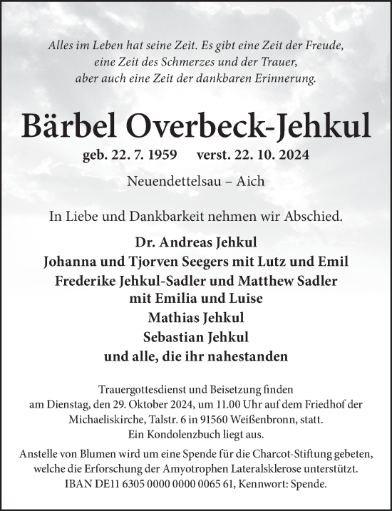 Traueranzeige von Bärbel Overbeck-Jehkul von Ansbach