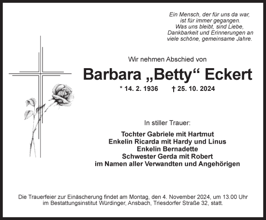 Traueranzeige von Barbara Eckert von Ansbach