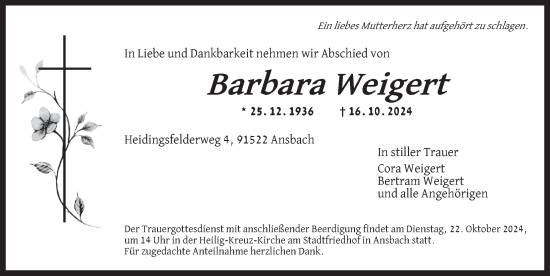 Traueranzeige von Barbara Weigert von Ansbach