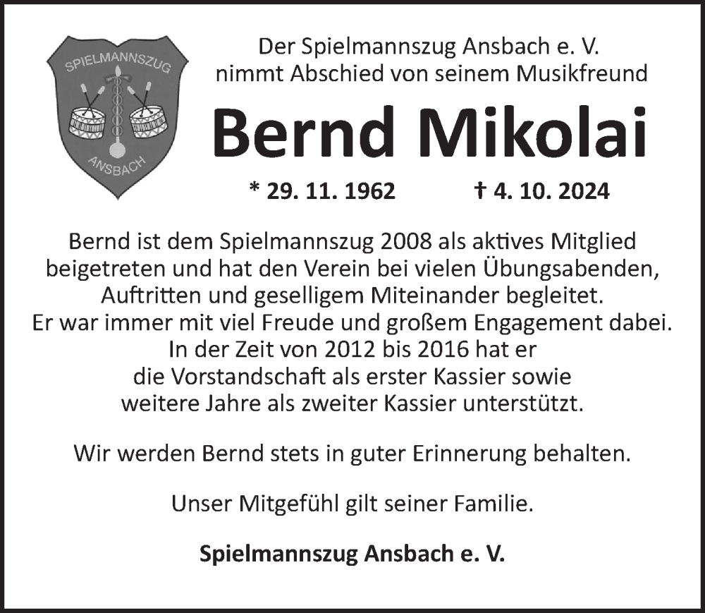  Traueranzeige für Bernd Mikolai vom 26.10.2024 aus Ansbach