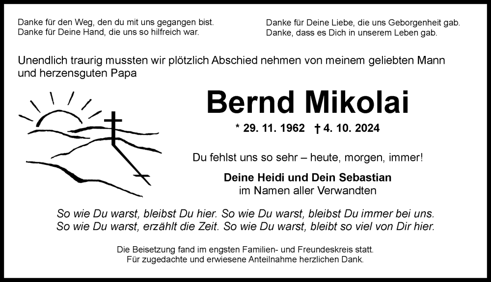  Traueranzeige für Bernd Mikolai vom 26.10.2024 aus Ansbach