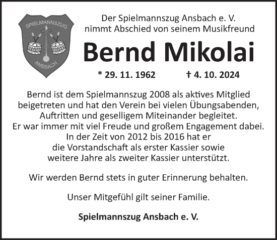 Traueranzeige von Bernd Mikolai von Ansbach