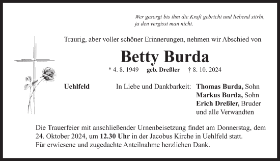 Traueranzeige von Betty Burda von Neustadt/ Scheinfeld/ Uffenheim