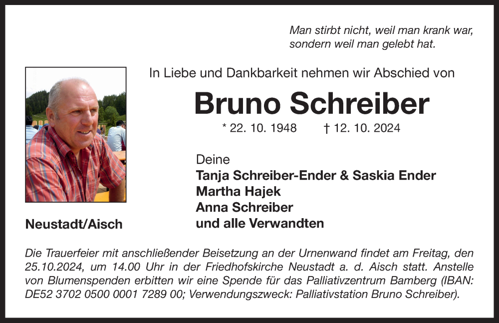  Traueranzeige für Bruno Schreiber vom 23.10.2024 aus Neustadt/ Scheinfeld/ Uffenheim