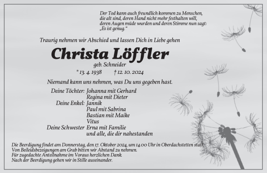 Traueranzeige von Christa Löffler von Ansbach