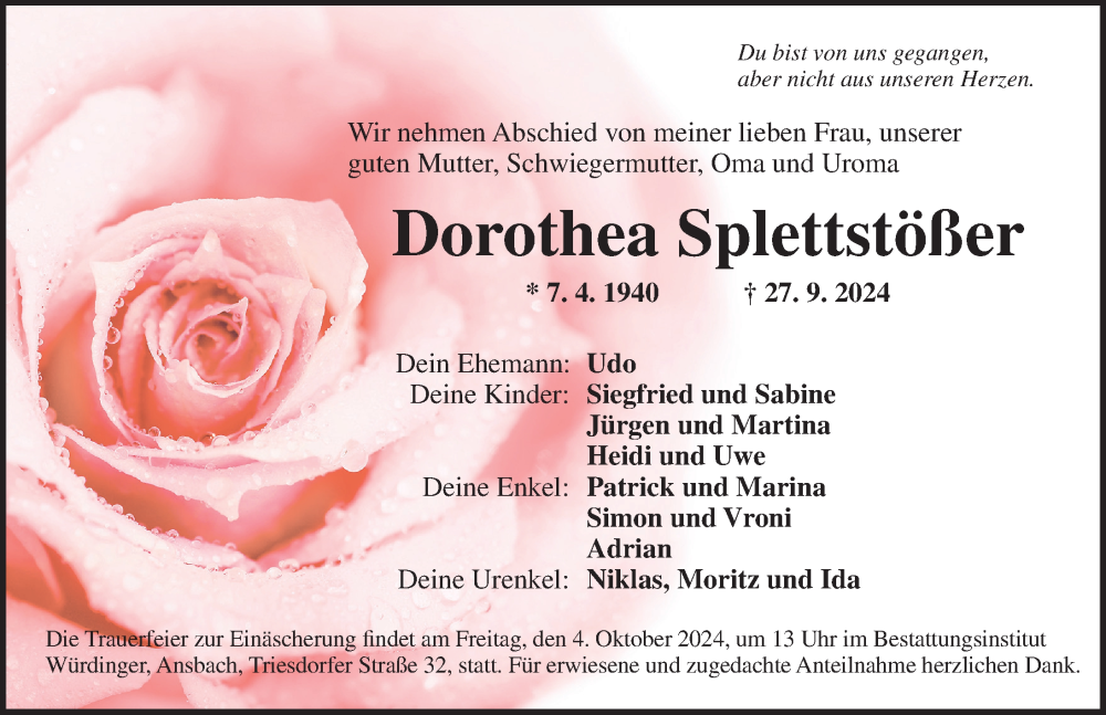  Traueranzeige für Dorothea Splettstößer vom 01.10.2024 aus Ansbach